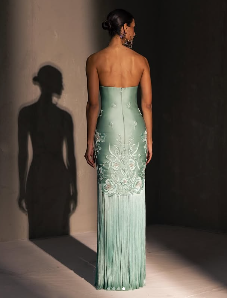 Fancy Mermaid Strapless Neckline Green Satin Long Prom & Evening Dress Formal Dress - View 2 | FashionDia