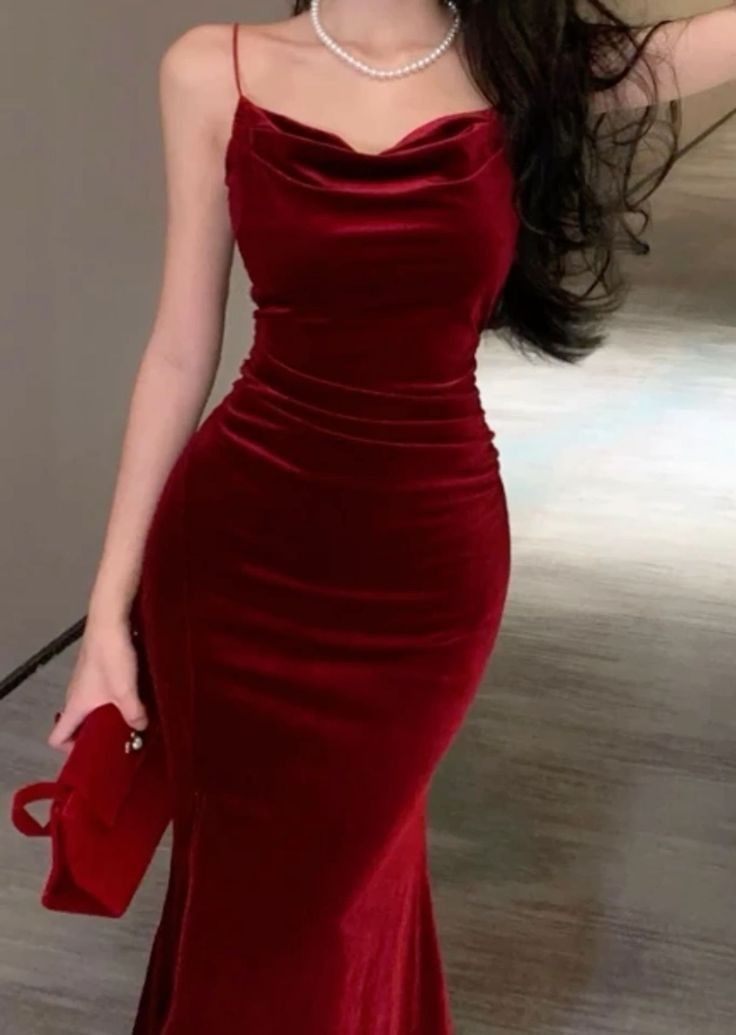 Gorgeous Mermaid Spaghetti Straps Burgundy Velvet Long Prom Dresses Formal Evening Dress