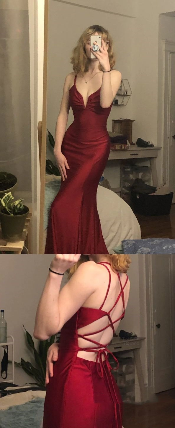 Burgundy mermaid long prom dress spaghetti straps simple prom dress - View 4 | FashionDia