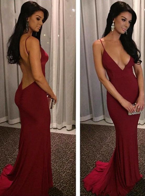 Sexy Mermaid Spaghetti Straps Satin Burgundy Prom Dresses Long Party Dress - View 2 | FashionDia