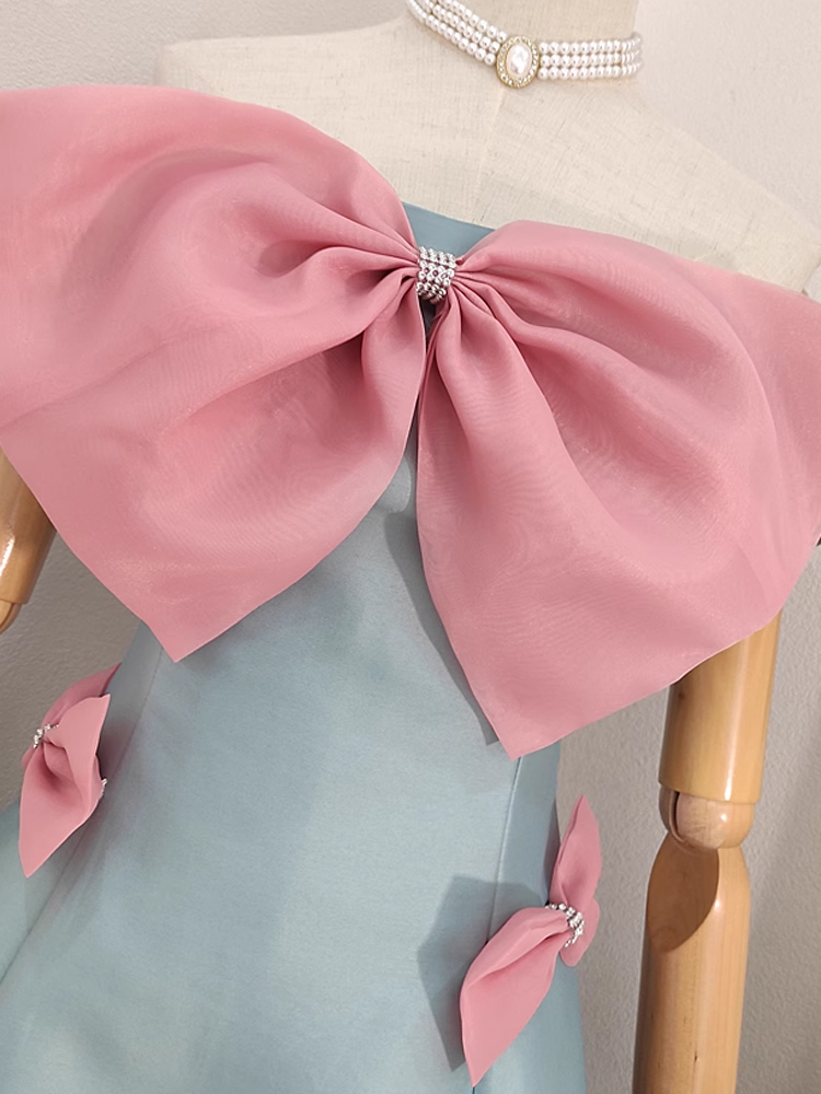 Sexy A-Line Strapless Blue Satin Women's Holiday Dresses Birthday Outfits - View 3 | FashionDia