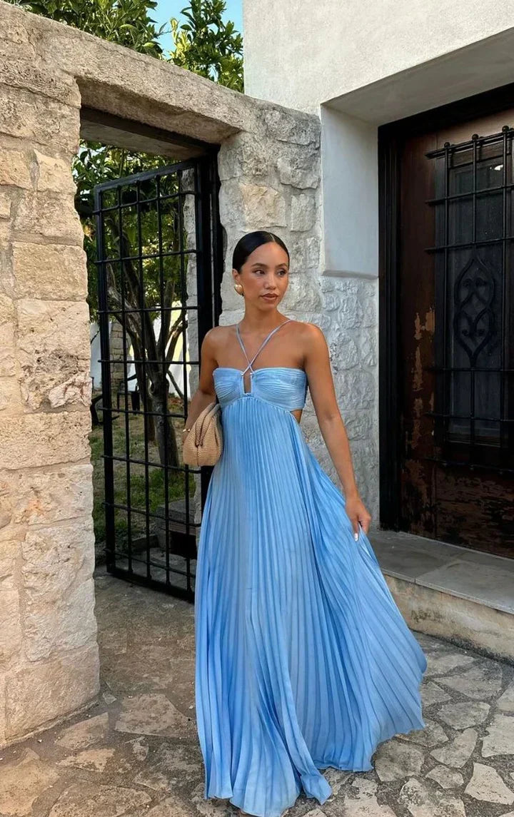 Sexy A Line Spaghetti Straps Blue Backless Prom Dresses Long Party Dress