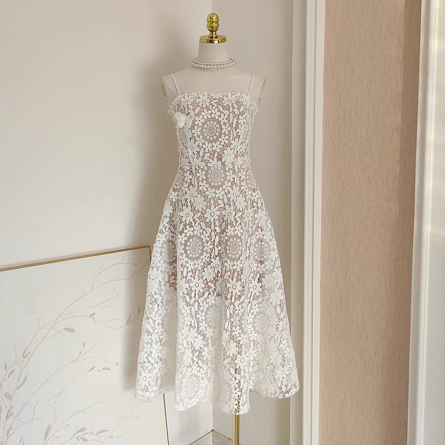Sexy A-Line Spaghetti Straps Tulle Lace White Women's Holiday Birthday Dresses - FashionDia