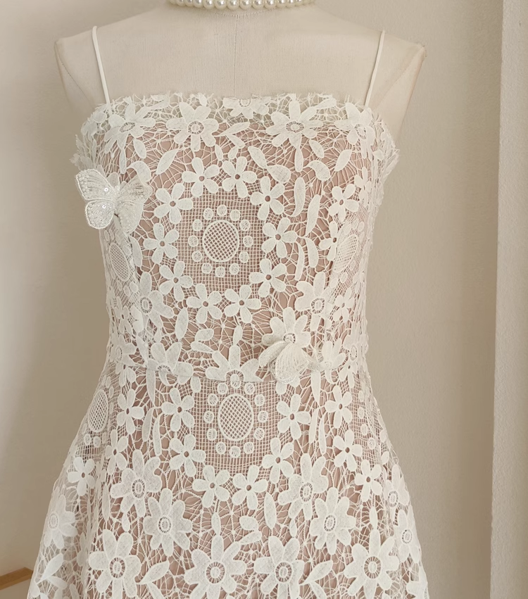 Sexy A-Line Spaghetti Straps Tulle Lace White Women's Holiday Birthday Dresses - View 4 | FashionDia