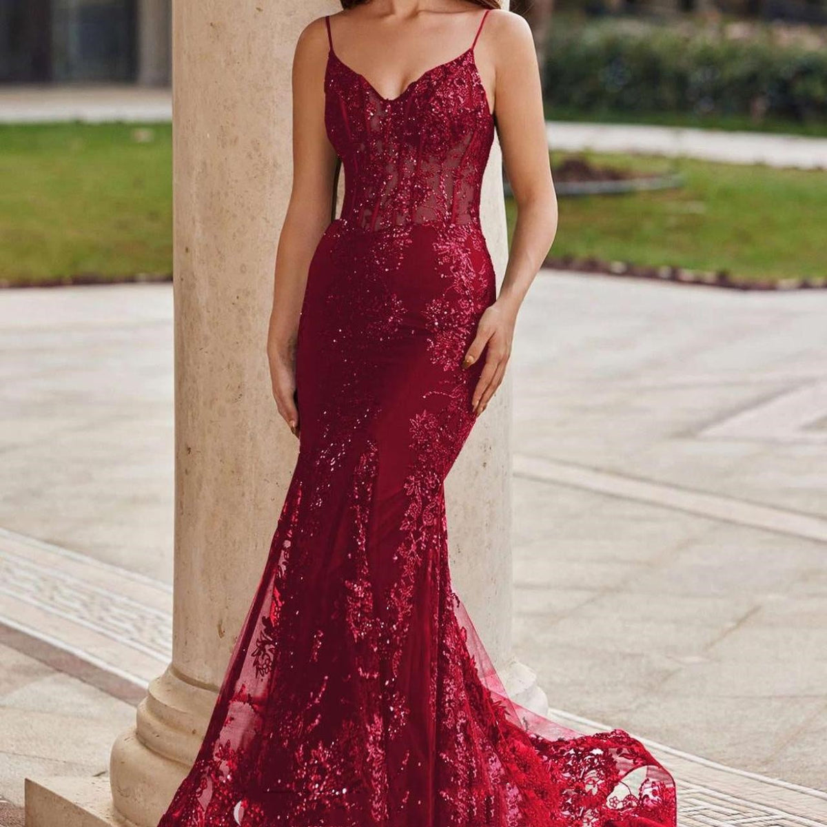 Pretty Mermaid Spaghetti Straps Burgundy Lace Prom Dresses Long Party Dress - View 4 | FashionDia