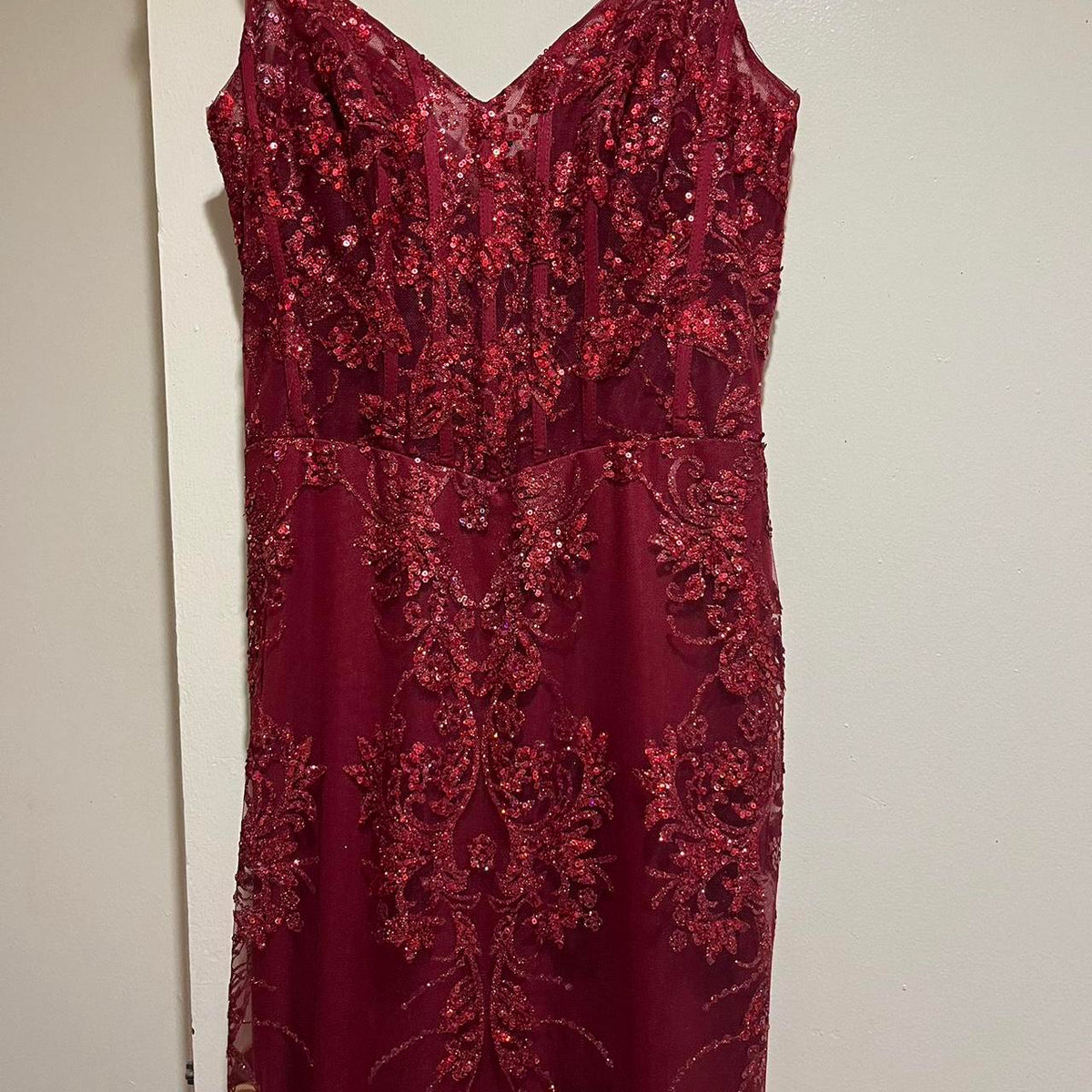 Pretty Mermaid Spaghetti Straps Burgundy Lace Prom Dresses Long Party Dress - View 6 | FashionDia