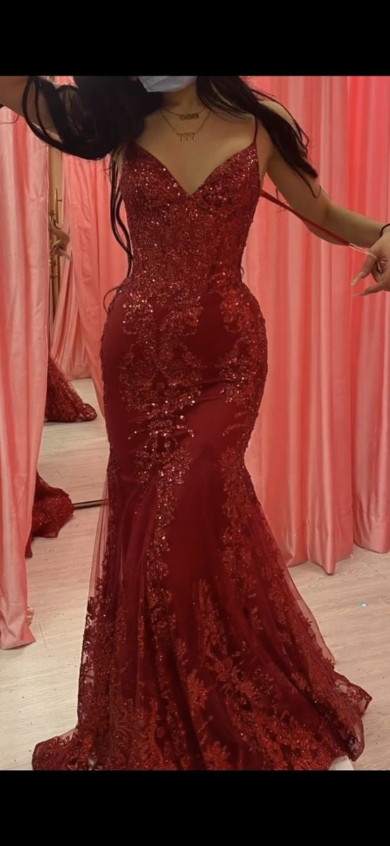Pretty Mermaid Spaghetti Straps Burgundy Lace Prom Dresses Long Party Dress - View 7 | FashionDia