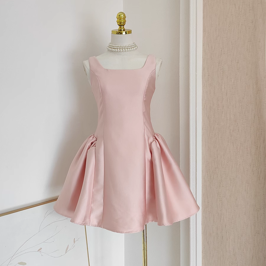 Cheap A-Line Straps Light Pink Satin Short Homecoming Dresses Birthday Outfits - FashionDia