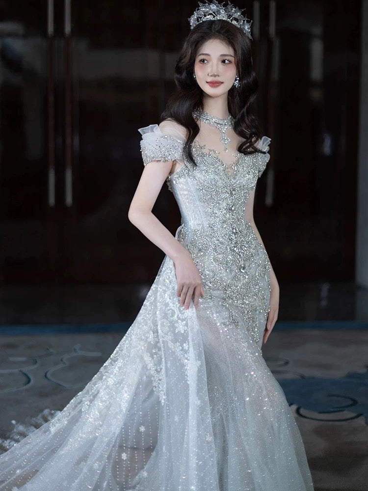Pretty Mermaid Off-the-Shoulder Tulle Silver Beads Long Prom Dresses Formal Evening Dress