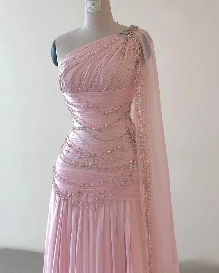 Vintage One-Shoulder Pink Beaded A-Line Chiffon Evening Dress Elegant Prom Dress - View 3 | FashionDia