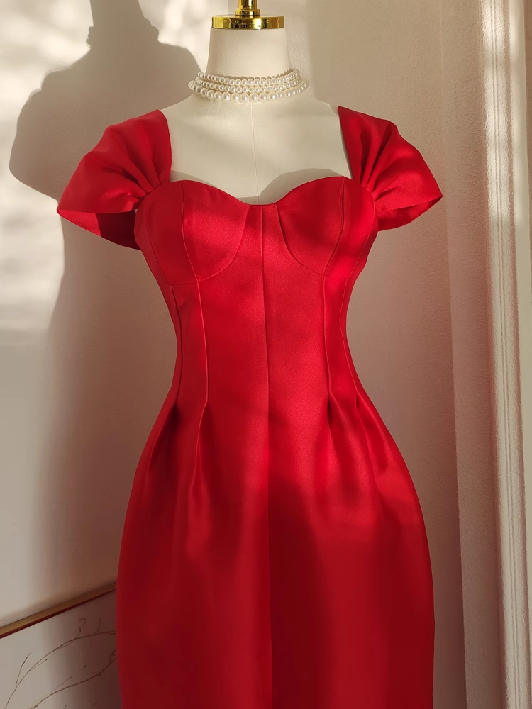Sexy A-Line Sweetheart Red Satin Knee Length Homecoming Dresses Birthday Outfits - View 3 | FashionDia