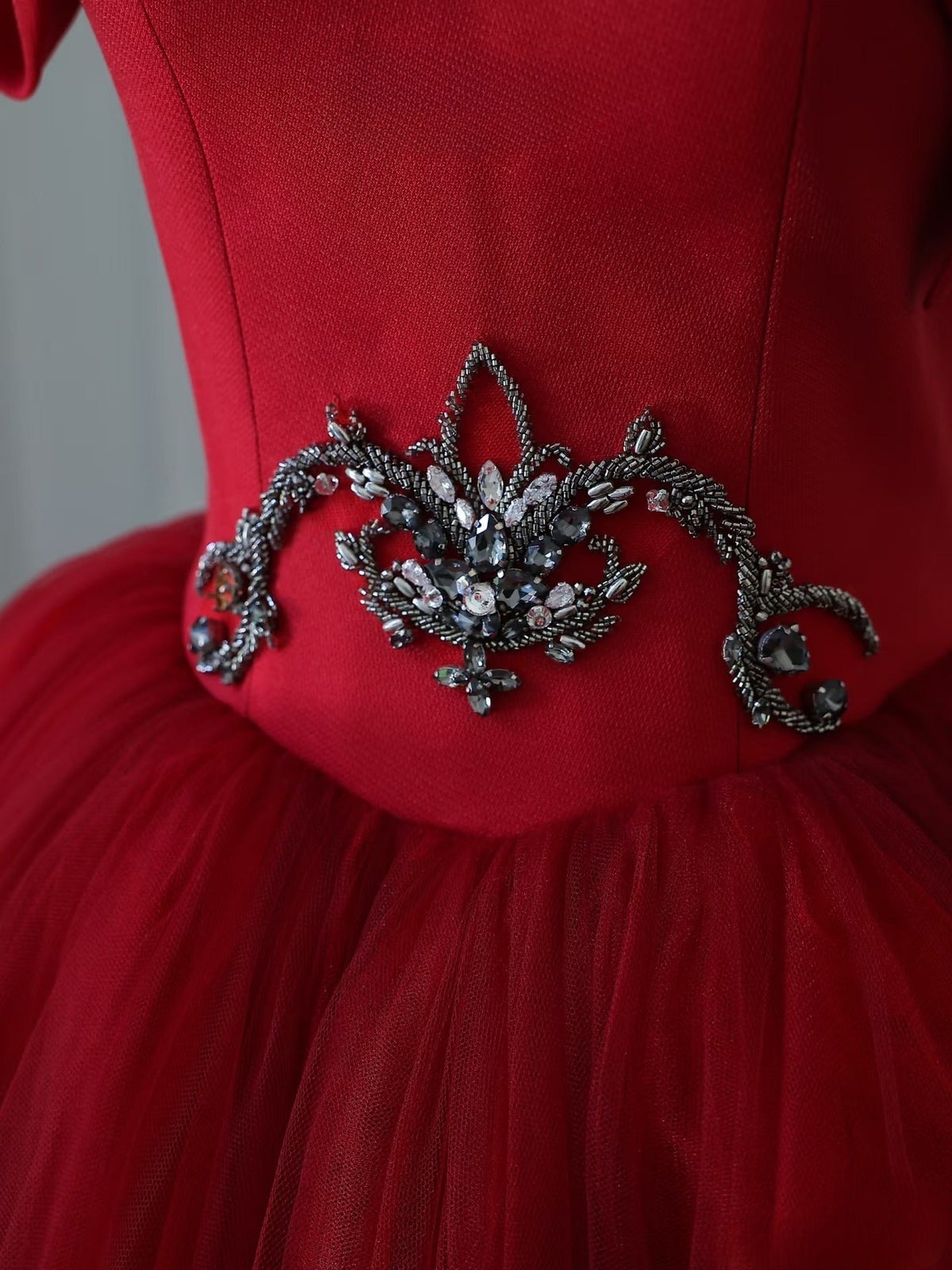 Pretty Ball Gown Strapless Burgundy Tulle Long Prom Dresses Evening Gowns - View 6 | FashionDia