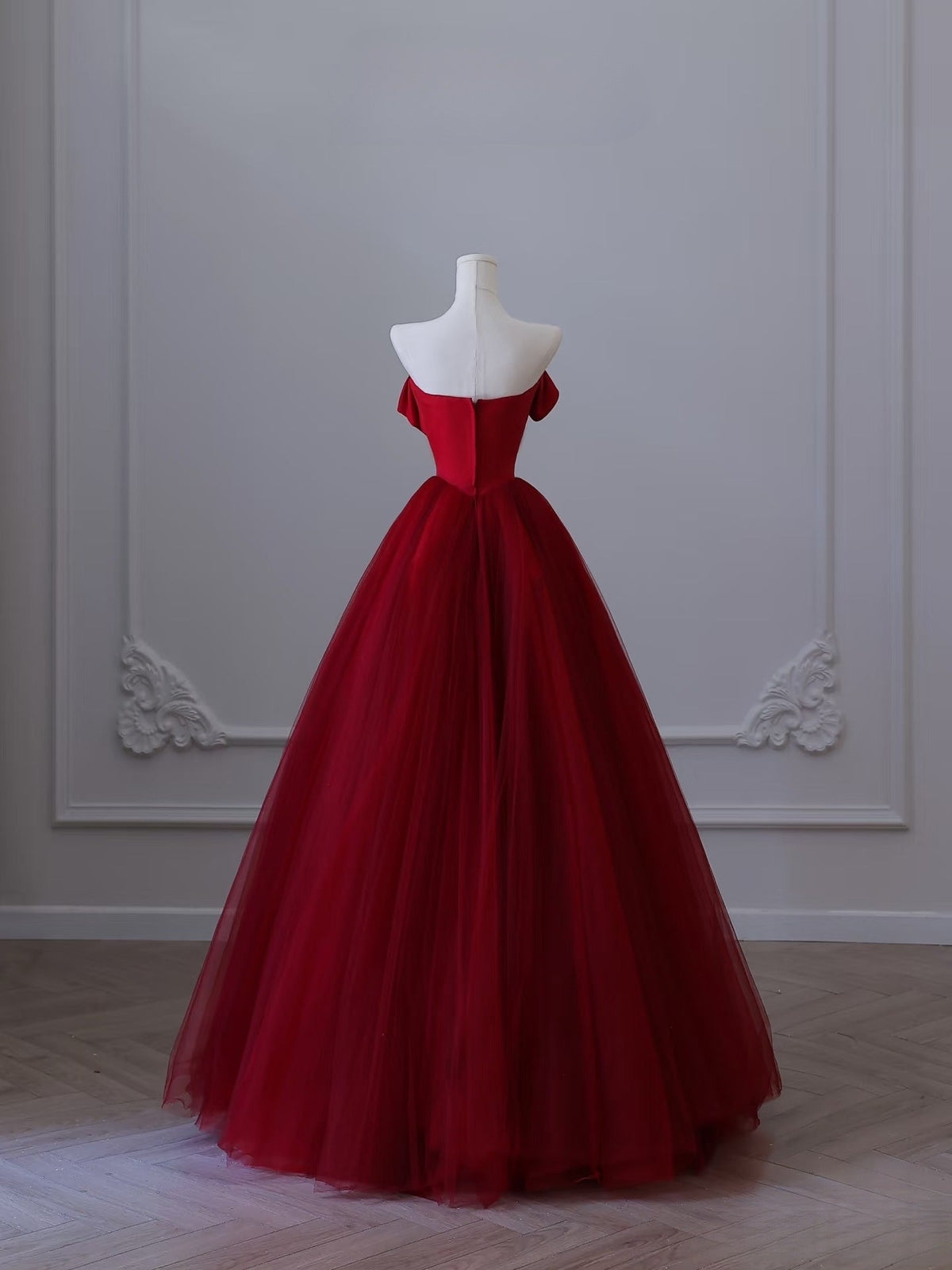 Pretty Ball Gown Strapless Burgundy Tulle Long Prom Dresses Evening Gowns - View 3 | FashionDia