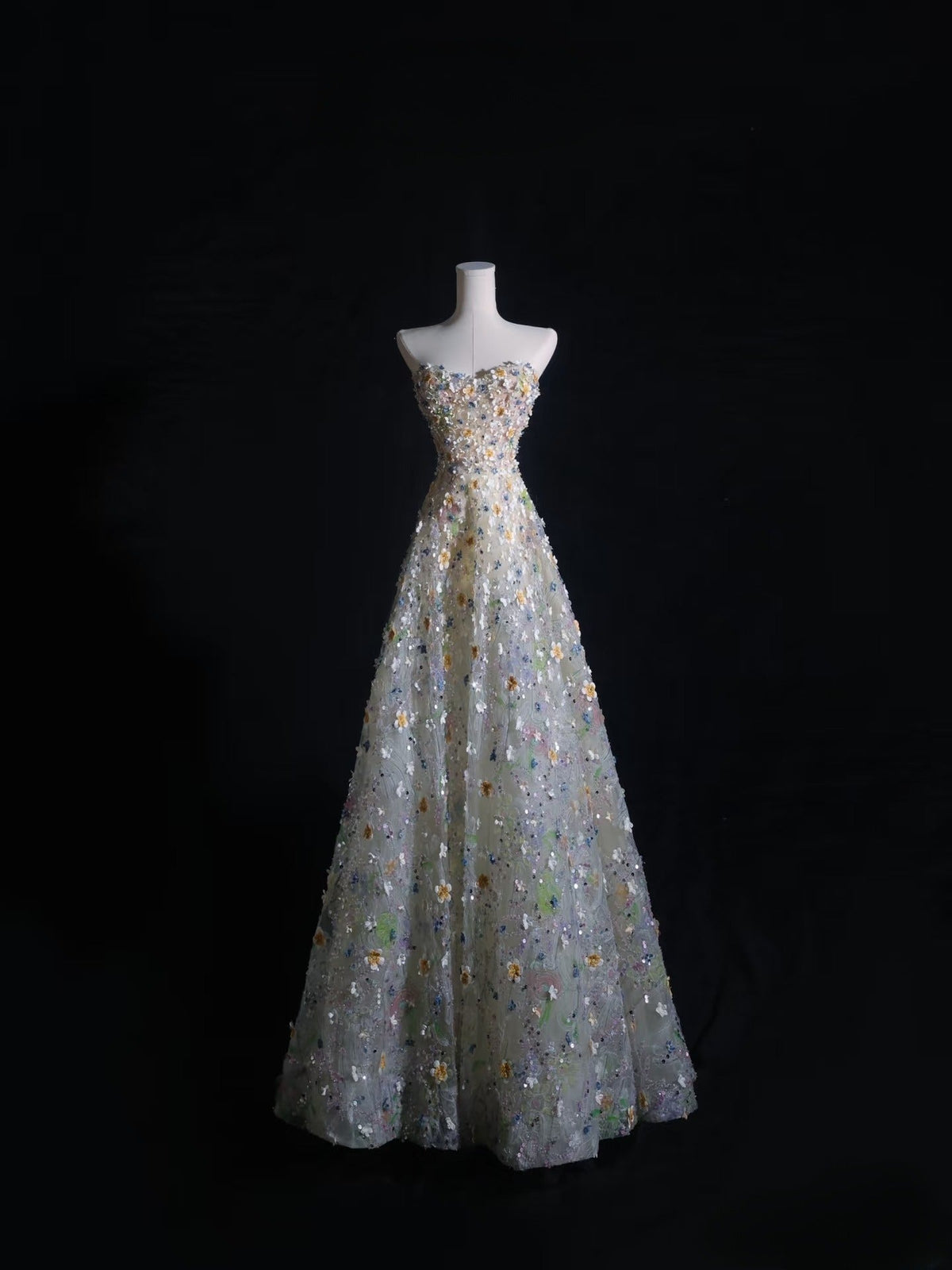 Pretty A-Line Sweetheart Tulle Floral Long Prom Dresses Evening Gowns - FashionDia