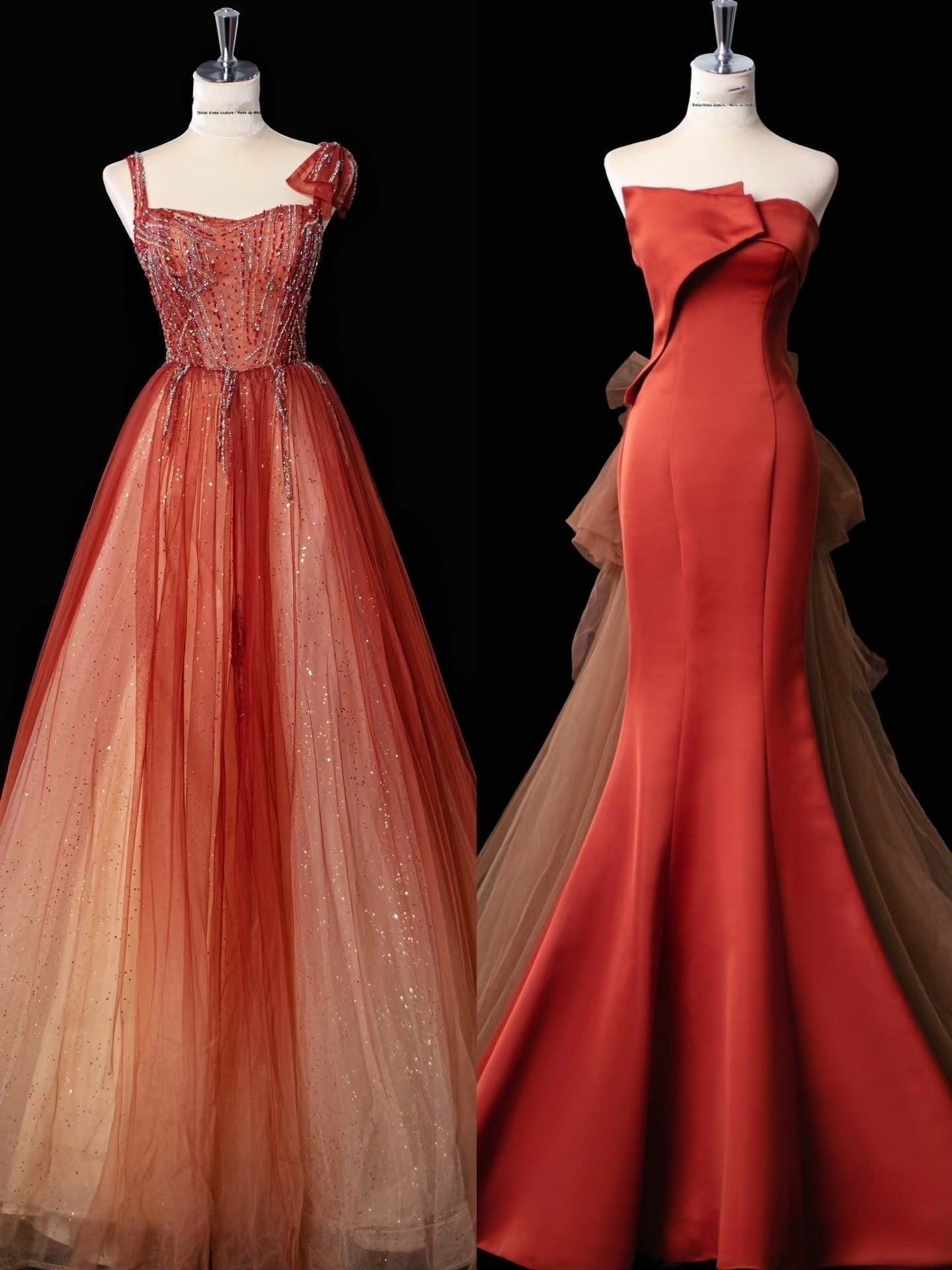 Pretty Mermaid Strapless Satin Long Rust Red Ruffles Long Prom Dresses Formal Evening Dress