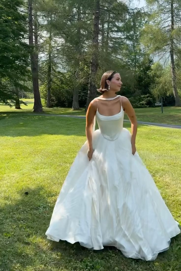 Simple Ball Gown Spaghetti Straps White Satin Long Wedding Dress - FashionDia