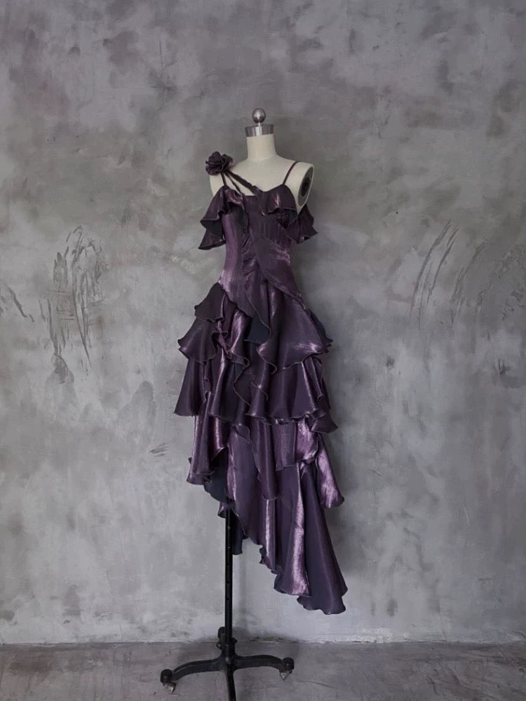 Pretty Irregular Ruffled Spaghetti Straps Grape Prom Dresses With Detachable Rose Long Birthday Dress For Women