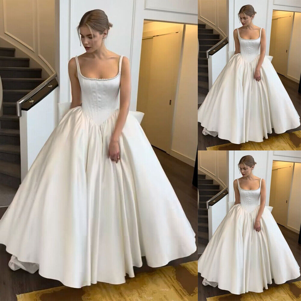 Simple Ball Gown Straps White Satin Long Wedding Dress - View 2 | FashionDia