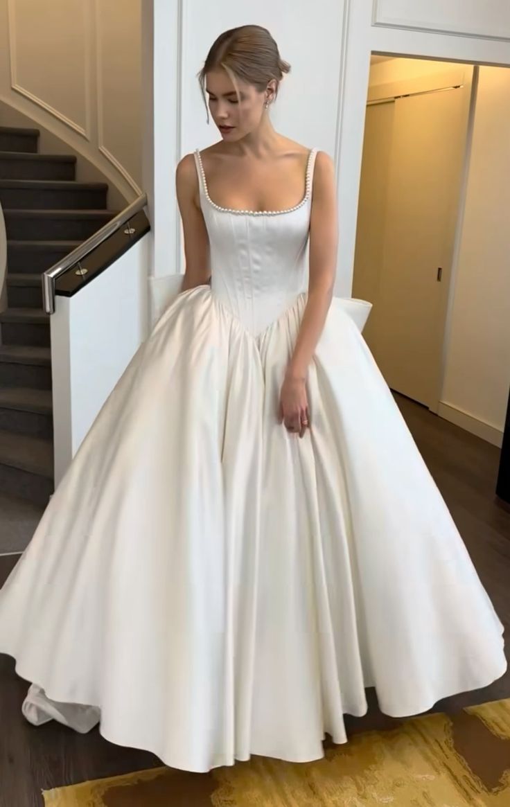Simple Ball Gown Straps White Satin Long Wedding Dress - FashionDia