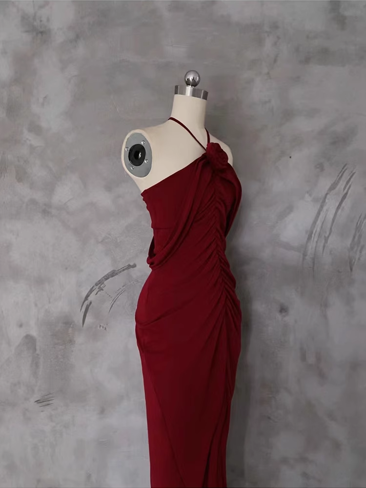Pretty Sheath Halter Burgundy Prom Dresses Long Birthday Dress - View 3 | FashionDia
