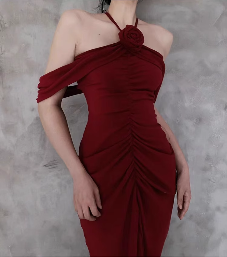Pretty Sheath Halter Burgundy Prom Dresses Long Birthday Dress - View 7 | FashionDia