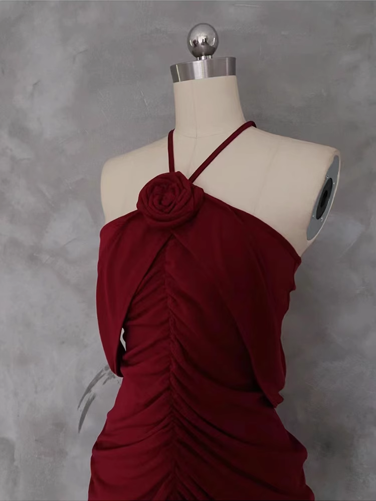 Pretty Sheath Halter Burgundy Prom Dresses Long Birthday Dress - View 4 | FashionDia