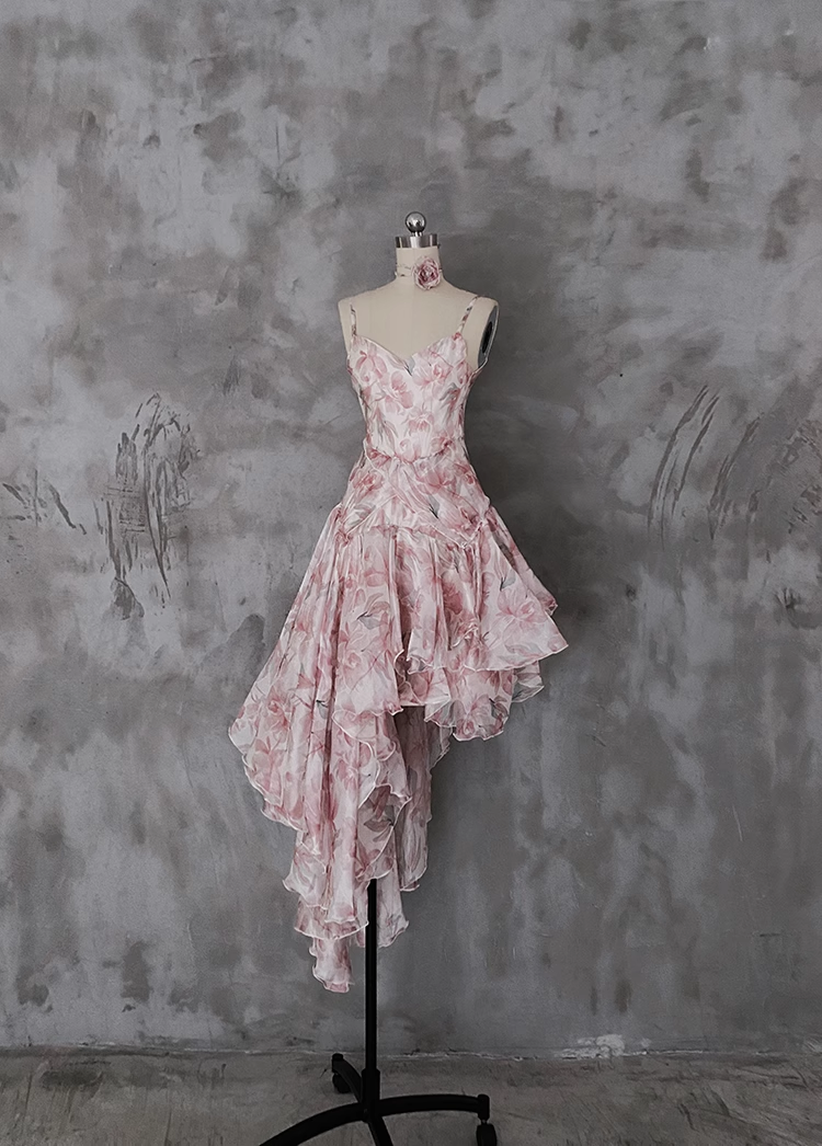 Pretty High Low Spaghetti Straps Pink Organza Prom Dresses Long Birthday Dress For Women