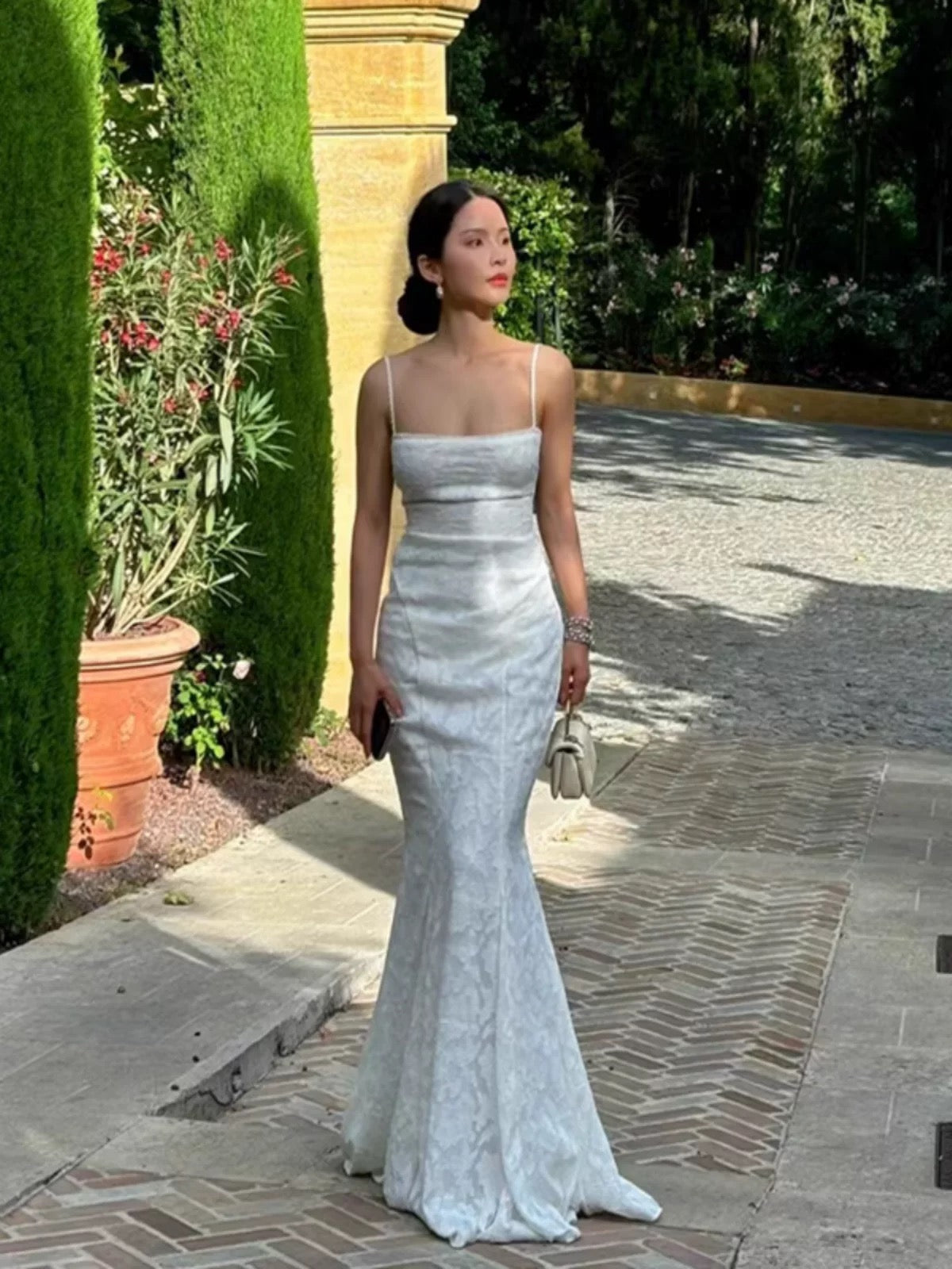 Modest Mermaid Spaghetti Straps Long White Prom Dresses Formal Graduation Party Dress Evening Dress SD2461