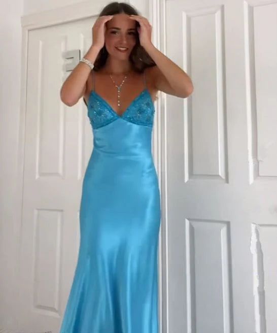 Classy Spaghetti Strap Sleeveless Mermaid Satin Long Backless Prom Dresses - View 5 | FashionDia