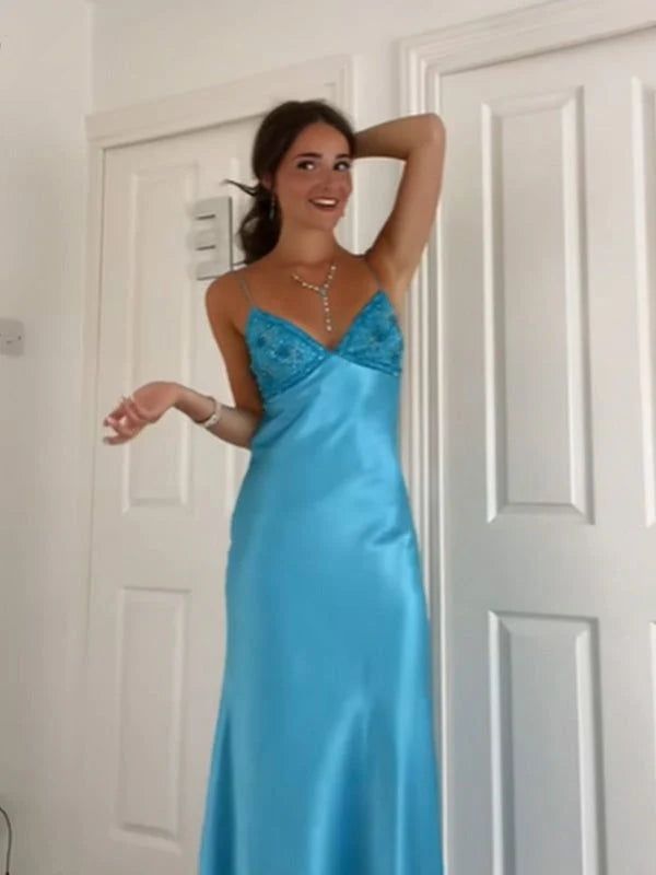 Classy Spaghetti Strap Sleeveless Mermaid Satin Long Backless Prom Dresses - View 3 | FashionDia