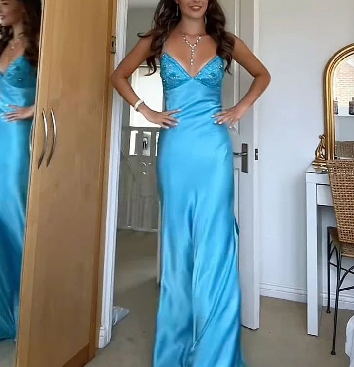 Classy Spaghetti Strap Sleeveless Mermaid Satin Long Backless Prom Dresses - FashionDia