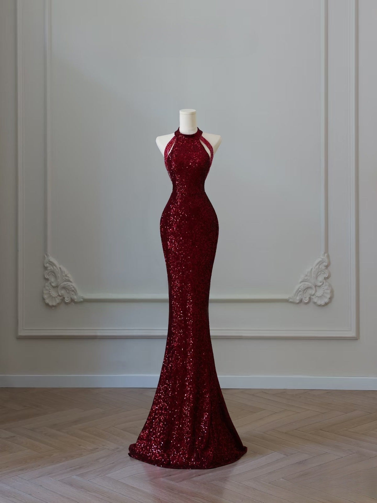 Simple Mermaid Scoop Neckline Burgundy Sequin Long Party Dress Prom Dresses - FashionDia