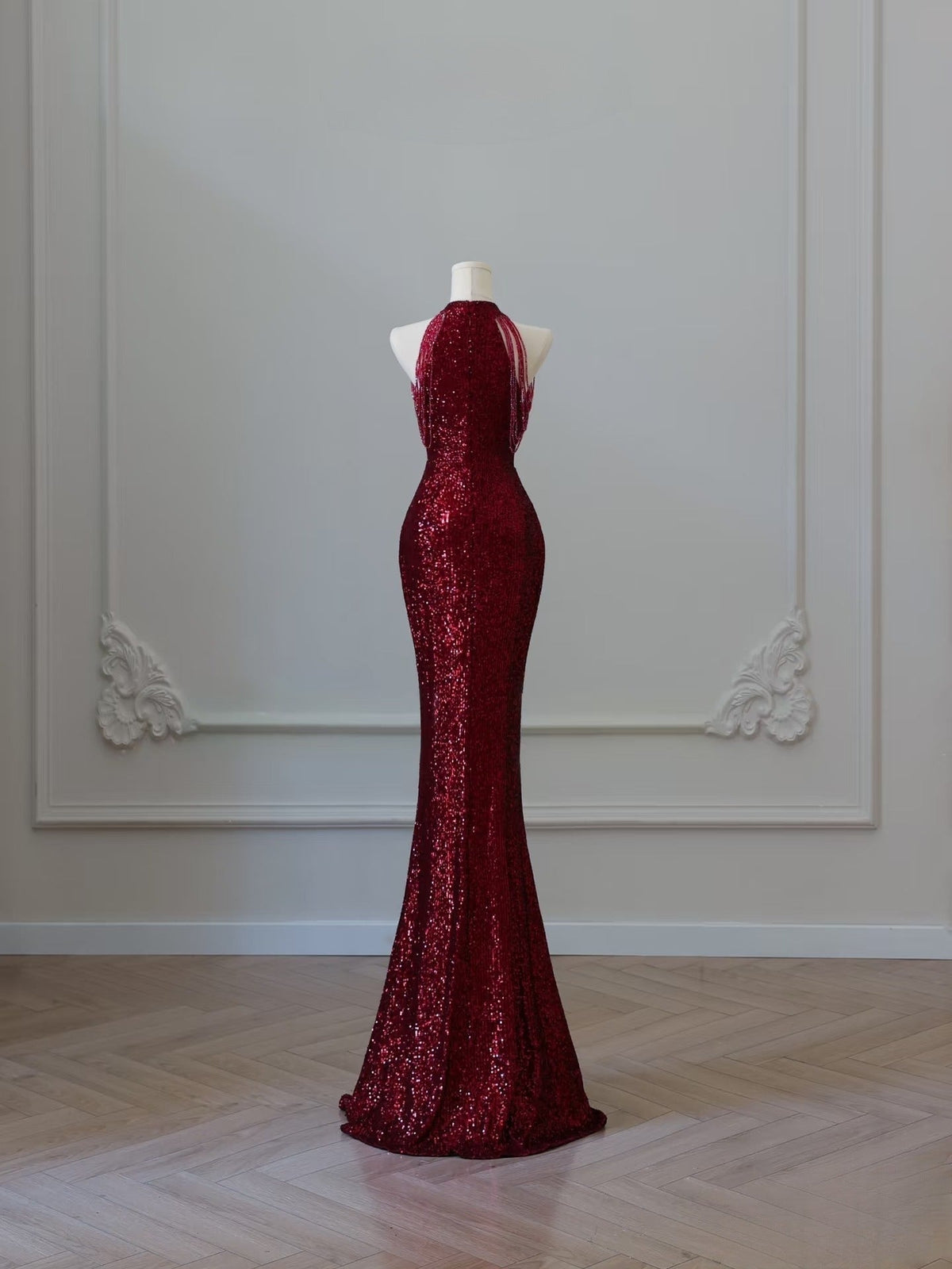 Simple Mermaid Scoop Neckline Burgundy Sequin Long Party Dress Prom Dresses - View 3 | FashionDia