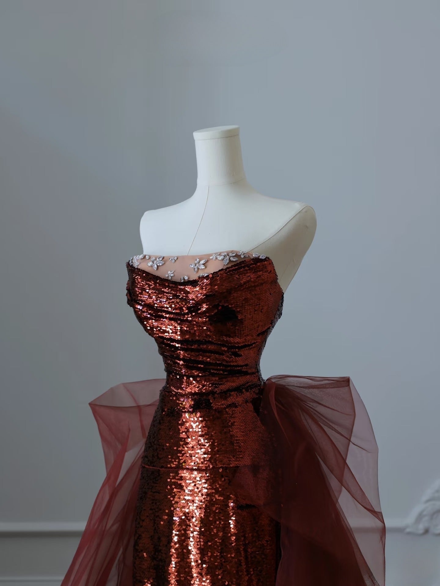 Classy Mermaid Strapless Burgundy Sequin Long Evening Dress Prom Dresses