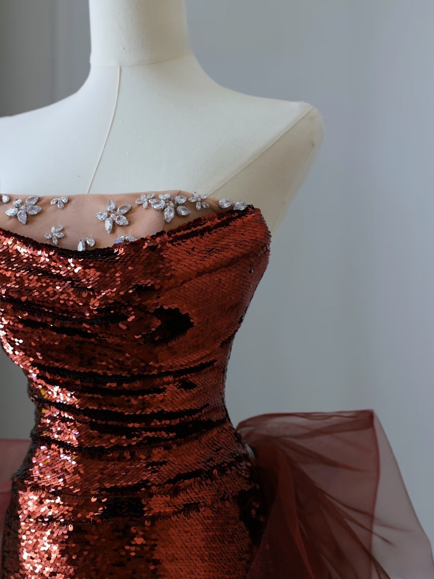 Classy Mermaid Strapless Burgundy Sequin Long Evening Dress Prom Dresses