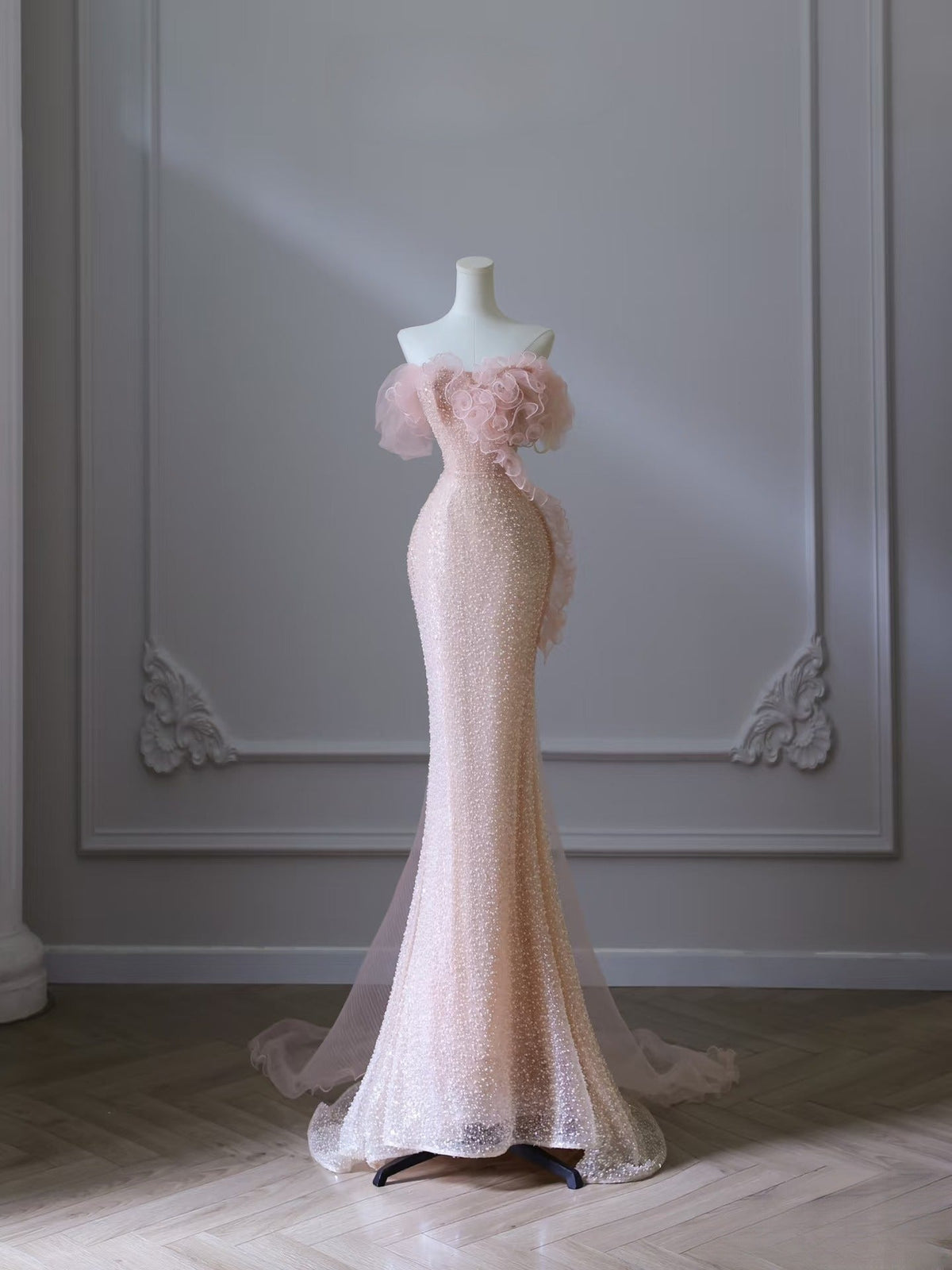 Classy Mermaid Strapless Pink Sequin Long Evening & Prom Dress - View 3 | FashionDia
