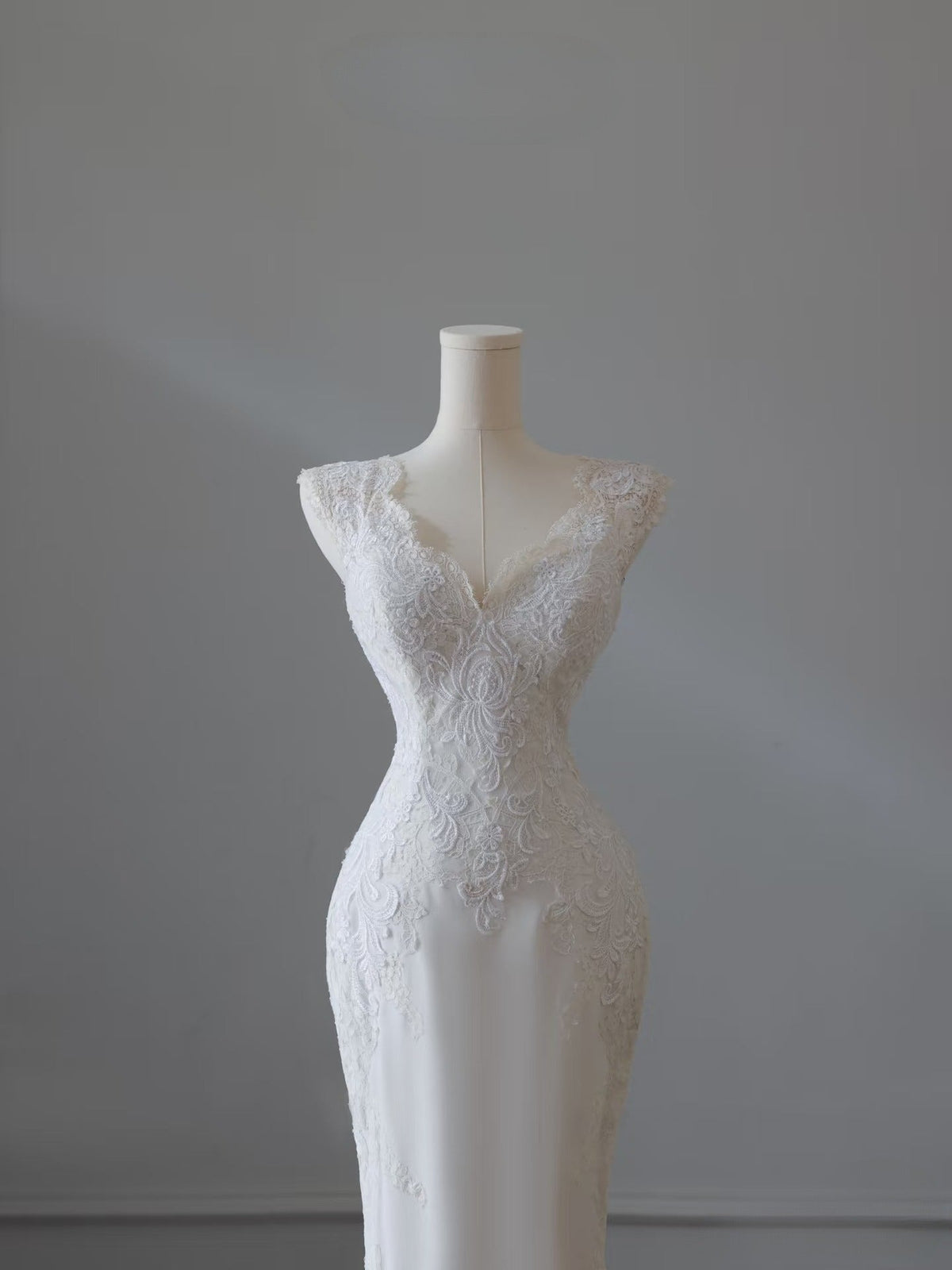 Timeless Mermaid V Neckline Satin Ivory Long Wedding Dress - View 5 | FashionDia