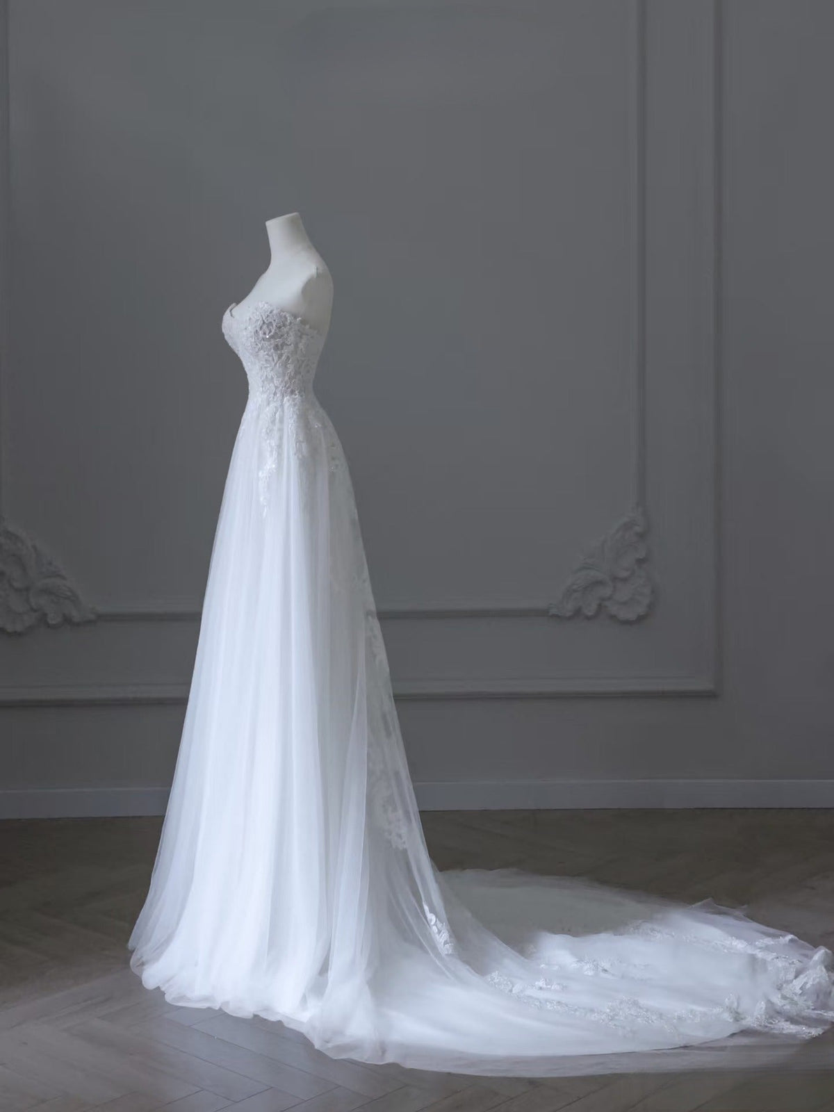Timeless A-Line Sweetheart Tulle White Lace Long Wedding Dress - View 2 | FashionDia