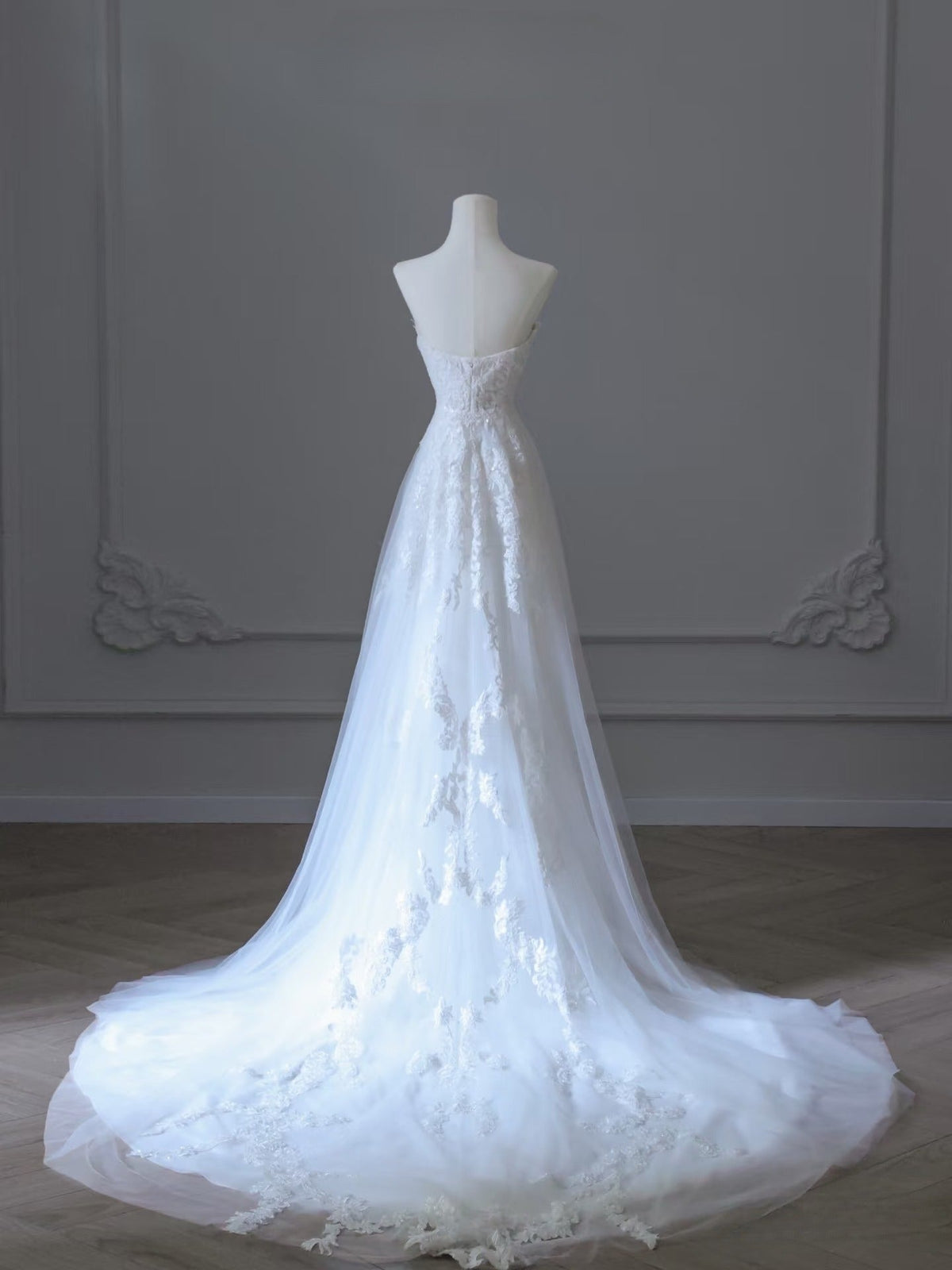 Timeless A-Line Sweetheart Tulle White Lace Long Wedding Dress - View 5 | FashionDia