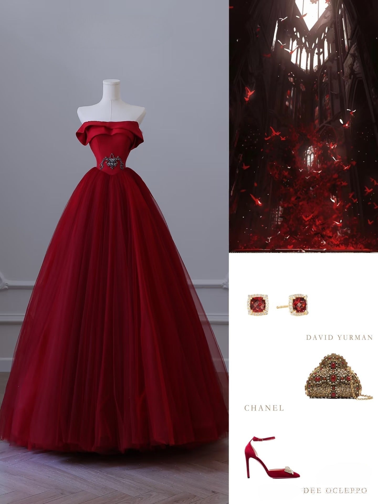 Classy Balll Gown Strapless Red Tulle Long Evening Dress Prom Dresses