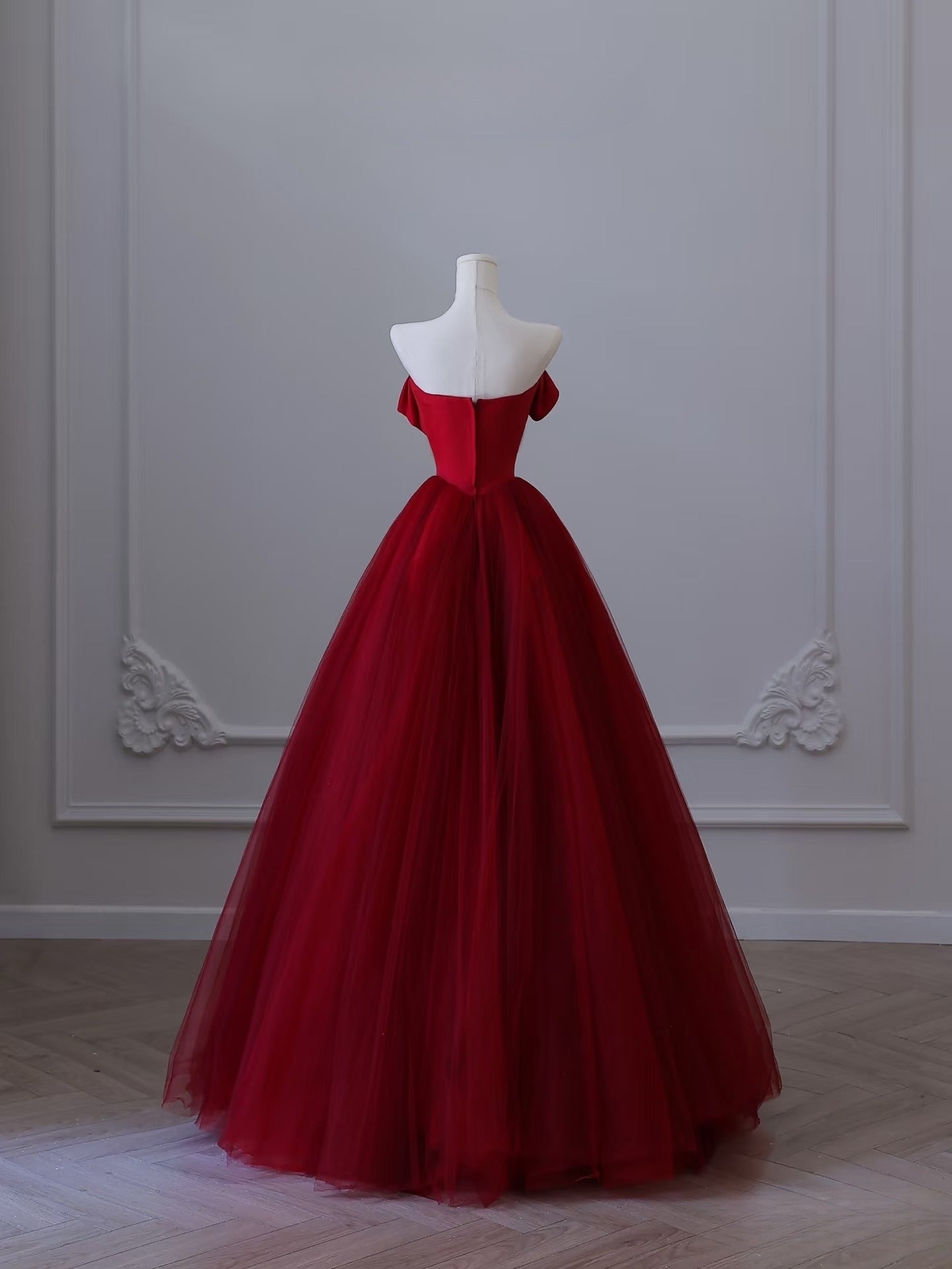Classy Balll Gown Strapless Red Tulle Long Evening Dress Prom Dresses
