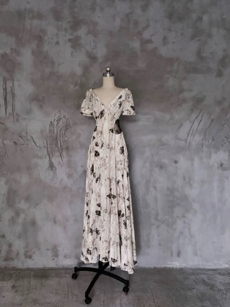 Pretty A line V Neckline Floral Long Prom Dresses Birthday Dress For Women