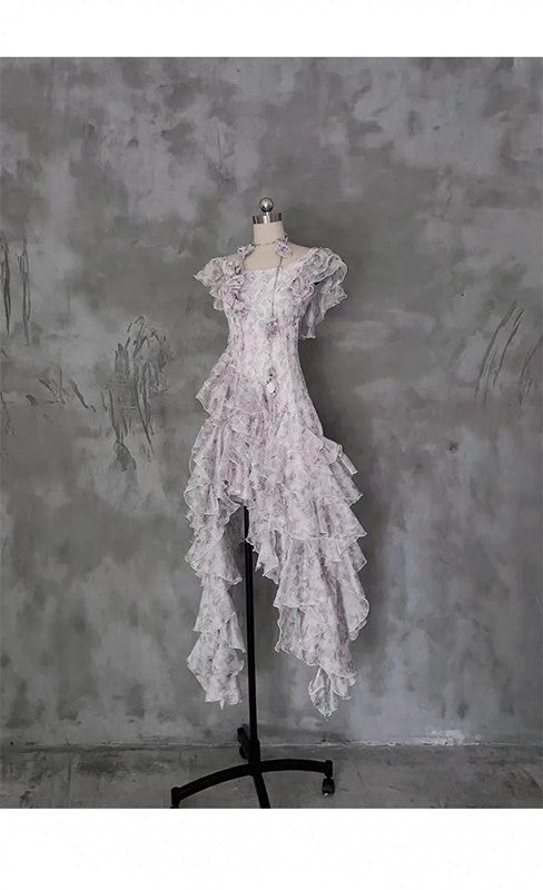 Modest A Line Scoop Short Sleeves Floral Ruffles Prom Dresses Birthday Dress For Women