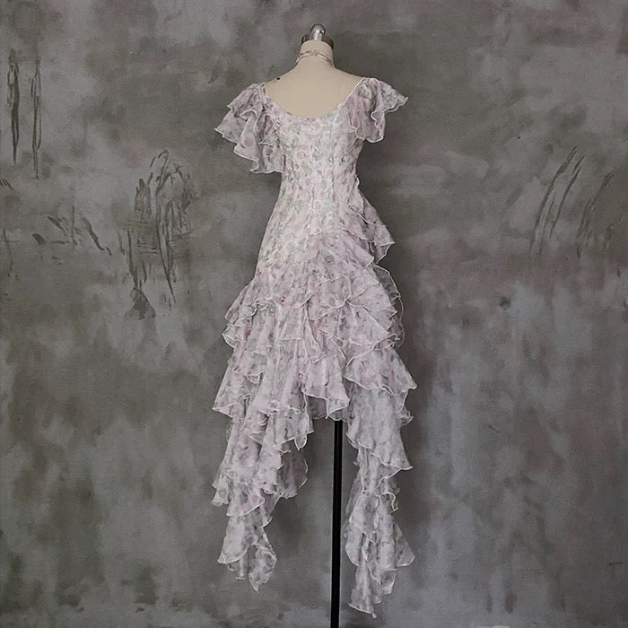 Modest A-Line Scoop Short Sleeves Floral Ruffles Prom Dresses Birthday Dress - View 5 | FashionDia