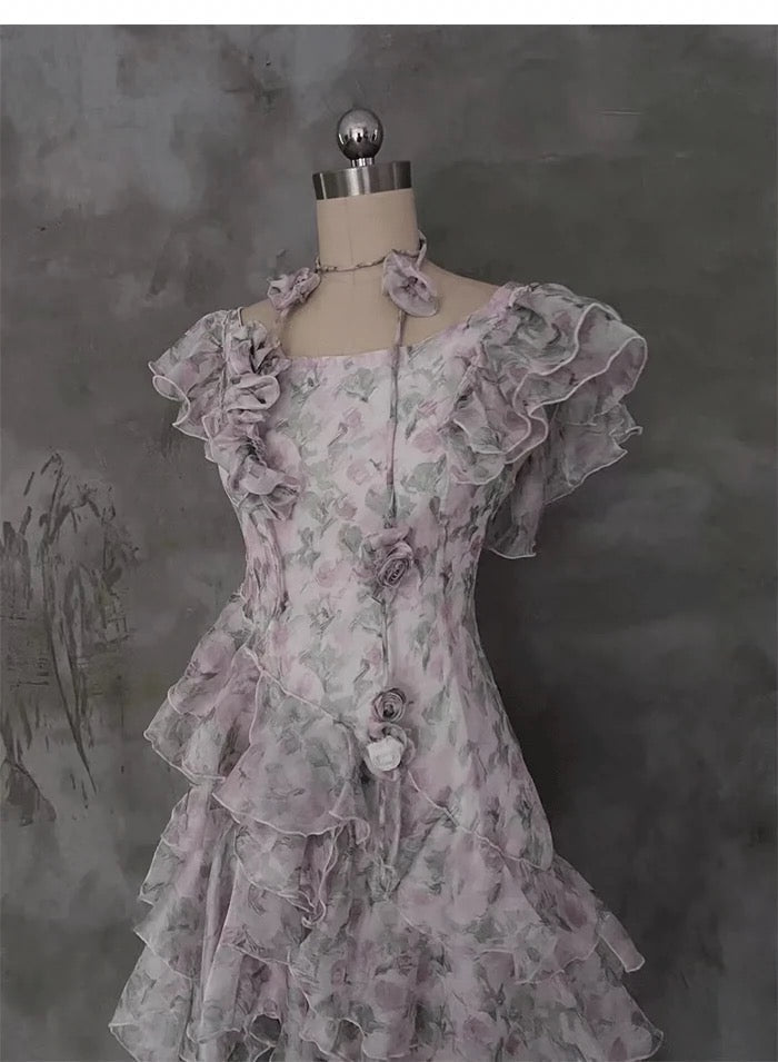 Modest A-Line Scoop Short Sleeves Floral Ruffles Prom Dresses Birthday Dress - View 6 | FashionDia
