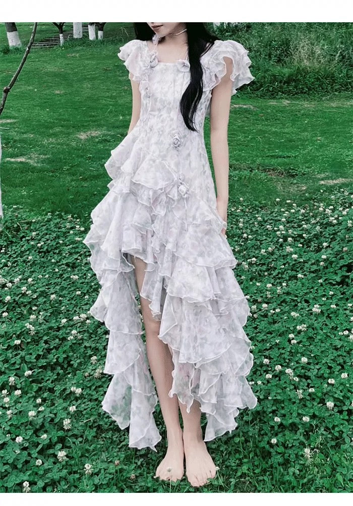 Modest A-Line Scoop Short Sleeves Floral Ruffles Prom Dresses Birthday Dress - View 7 | FashionDia