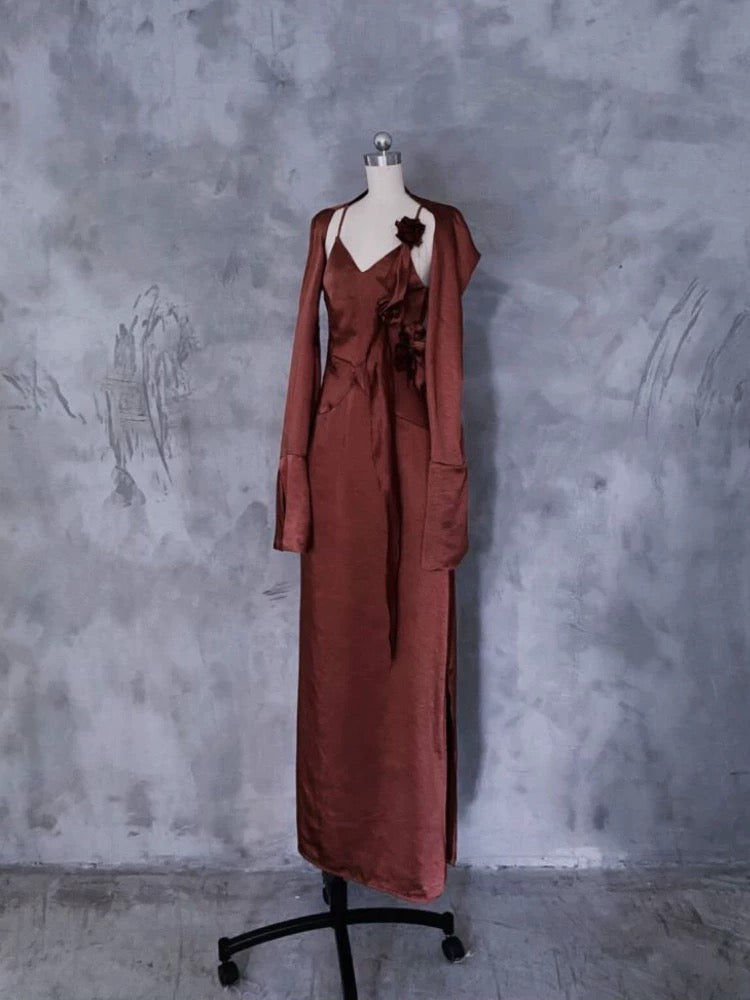 Chic A line Spaghetti Straps Burgundy Floral Long Prom Dresses Birthday Dress With Jacket