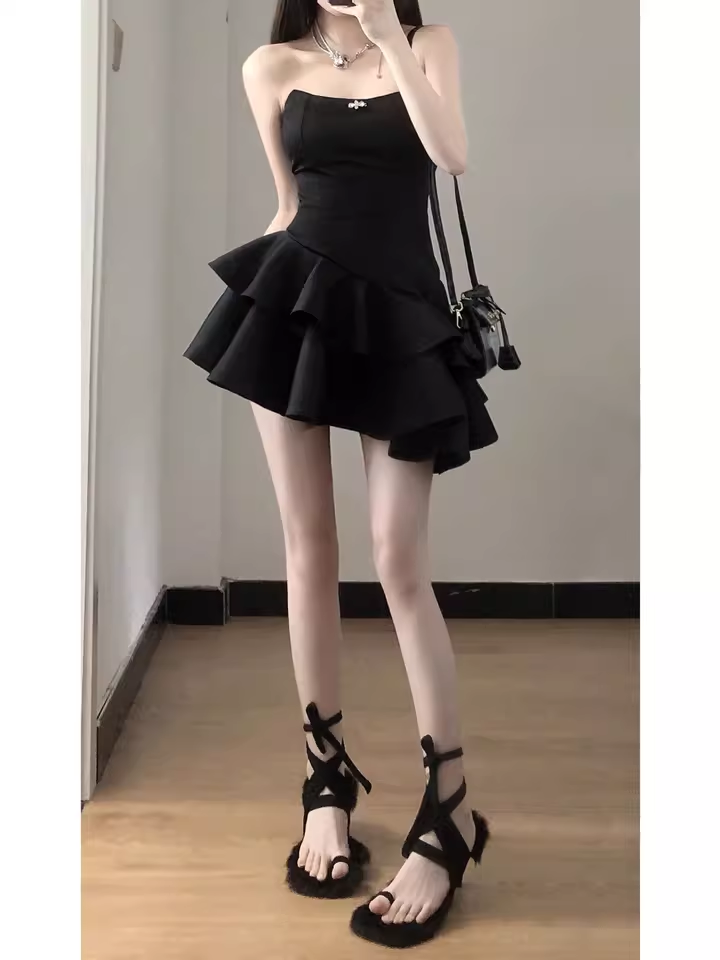 Cute A-Line Strapless Little Black Dress Hoco Dresses Short Satin Birthday Outfits - View 4 | FashionDia