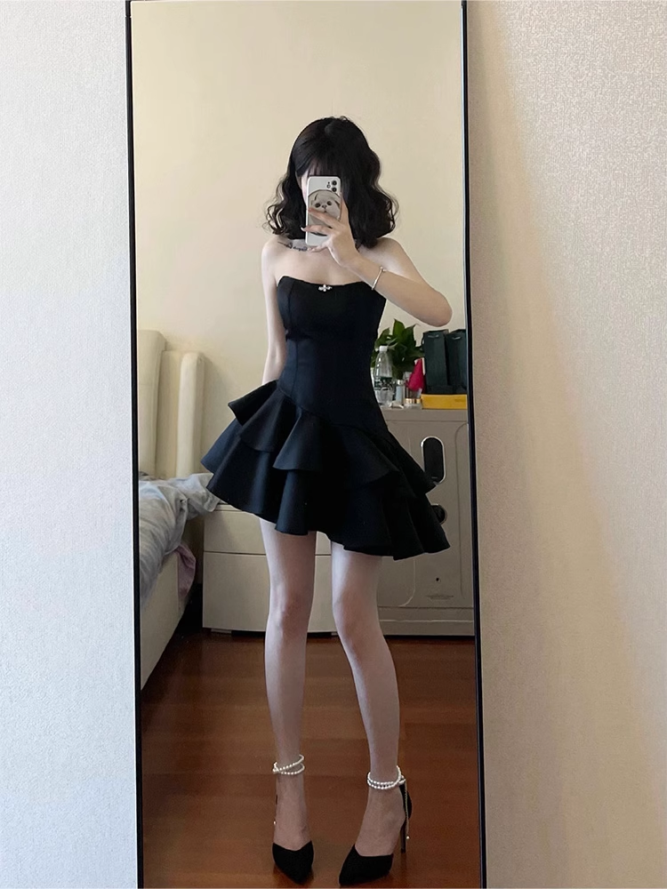 Cute A-Line Strapless Little Black Dress Hoco Dresses Short Satin Birthday Outfits - FashionDia