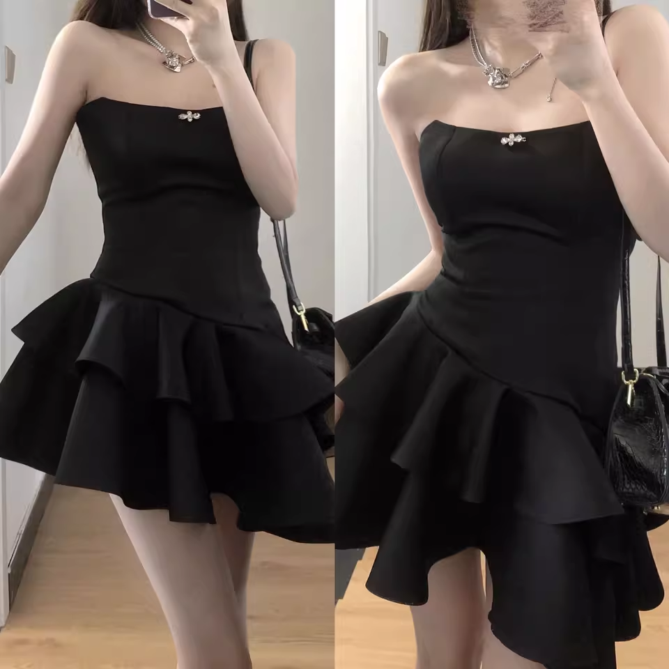 Cute A-Line Strapless Little Black Dress Hoco Dresses Short Satin Birthday Outfits - View 6 | FashionDia